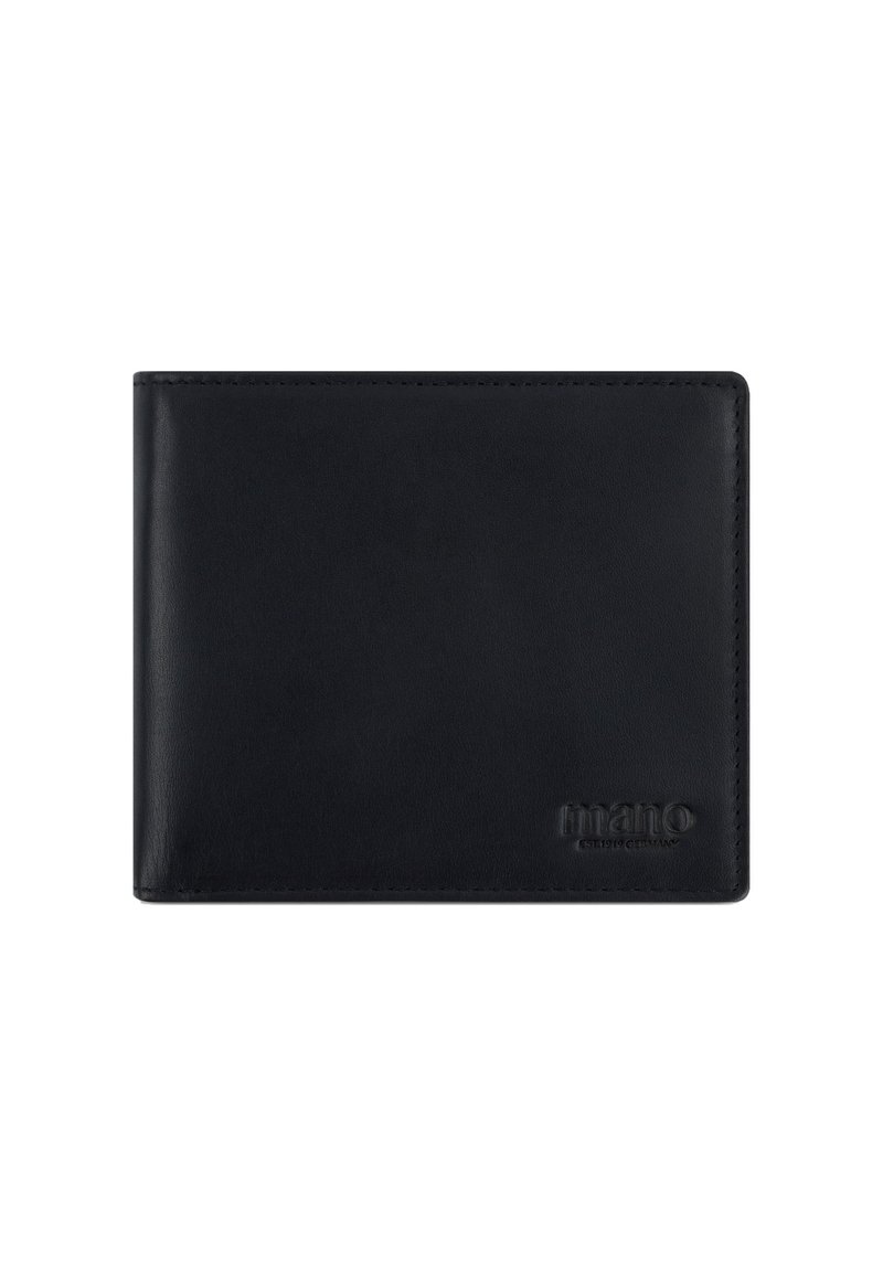 Zwarte leren bifold portemonnee met het verdiept gedrukt "mano" logo in de rechterbenedenhoek op een witte achtergrond.