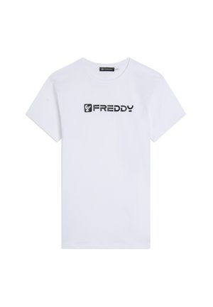 T-shirt bianca a maniche corte con logo e icona neri "FREDDY" al centro del petto, scollo tondo, sfondo uniforme.