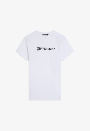 T-shirt bianca a maniche corte con logo e icona neri "FREDDY" al centro del petto, scollo tondo, sfondo uniforme.