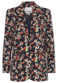 Multicolorová blazer s květinovým vzorem, s námořnickým pozadím, s výstřihem na klopy, dvěma knoflíky a dvěma předními kapsami.