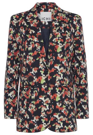Multicolorová blazer s květinovým vzorem, s námořnickým pozadím, s výstřihem na klopy, dvěma knoflíky a dvěma předními kapsami.