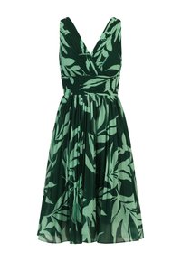 Grünes Kleid mit V-Ausschnitt, plissiertem Oberteil und fließendem Rock. Verfügt über ein blattartiges Muster in Hellgrün auf einem dunkelgrünen Hintergrund.