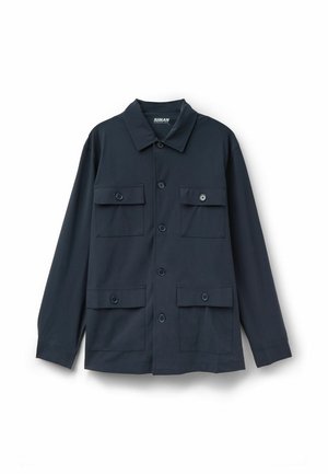 Dunkelblauer Herrenjacke mit Knopfleiste, langen Ärmeln, vier Klappentaschen mit Knöpfen und klassischem Kragen.