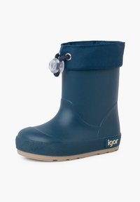 Botas de lluvia de goma azules con una suela texturizada, puño de tela azul marino ajustable y un toggle transparente. Presenta un logo en el costado.
