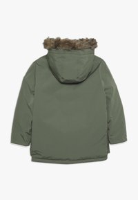 Grüne isolierte Jacke mit Kapuze aus Kunstfell, verfügt über eine glatte Textur und einen geraden Schnitt. Beinhaltet elastische Manschetten und einen Saum.