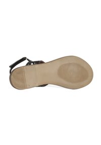 Schwarze Sandale mit strukturiertem Obermaterial, offener Zehenpartie und verstellbarem Knöchelriemen. Die Sohle ist beige und hat ein geripptes Muster für besseren Halt.