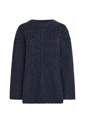 Marineblå strikket sweater med et tekstureret kabelmønster, rund hals og lange ærmer. Fremstillet af blødt, let materiale. Løs pasform.
