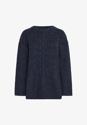 Jūras zila adīta džemperis ar teksturētu virvju rakstu, apaļu kakla izgriezumu un garām piedurknēm. Izgatavots no mīksta, viegla materiāla. Brīvs piegriezums.