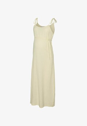 Abito premaman senza maniche di un giallo chiaro, con spalline regolabili, caratterizzato da una vestibilità comoda e una vita con cintura, realizzato in un morbido tessuto testurizzato.