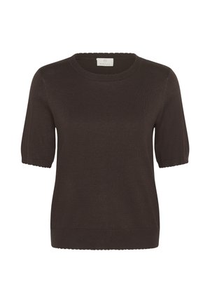 Pull court à manches courtes en tricot marron foncé avec col rond et bords-côtes aux poignets et à l'ourlet, étiquette "Kaffe" à l'intérieur du col.