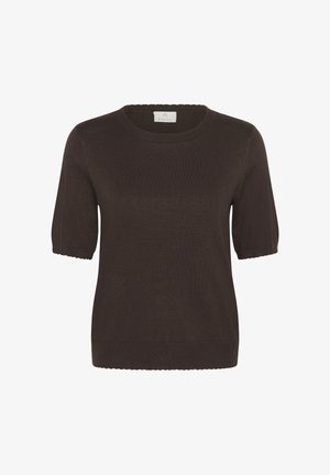 Pull court à manches courtes en tricot marron foncé avec col rond et bords-côtes aux poignets et à l'ourlet, étiquette "Kaffe" à l'intérieur du col.