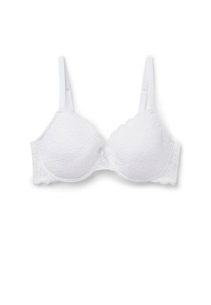 Sujetador con aro de encaje blanco, tirantes ajustables y patrón floral en las copas y la banda, mostrado sobre un fondo blanco liso.