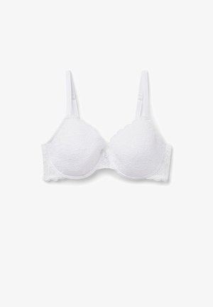 Sujetador con aro de encaje blanco, tirantes ajustables y patrón floral en las copas y la banda, mostrado sobre un fondo blanco liso.