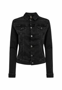 Svart denimjacka med krage, långa ärmar, två bröstfickor och silverknappar. Har en figurnära design och strukturerade sömmar.