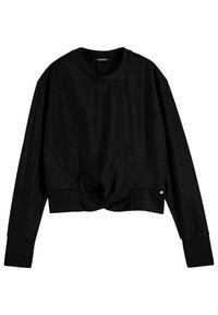 Maglione nero corto con dettaglio a nodo davanti. Realizzato in tessuto a costine con una leggera lucentezza. Maniche lunghe e scollatura rotonda.