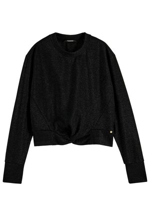 Schwarzer, kürzer geschnittener Pullover mit einem Knoten-Detail vorne. Aus geripptem Stoff mit einem leichten Glanz. Lange Ärmel und runder Ausschnitt.