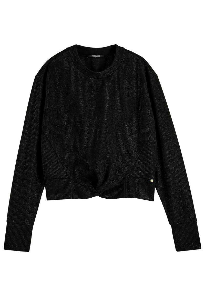 Maglione nero corto con dettaglio a nodo davanti. Realizzato in tessuto a costine con una leggera lucentezza. Maniche lunghe e scollatura rotonda.