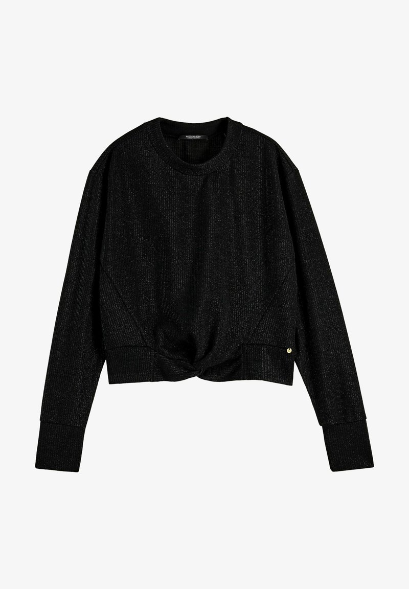 Black, cropped sweater with a knot detail at the front. Made of ribbed fabric with a slight sheen. Long sleeves and a round neckline.