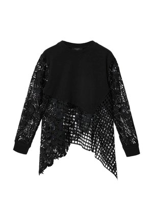 Sort top med lange ærmer med ensfarvet overdel og detaljeret blomsterblonde samt ternet mønster på asymmetrisk kant og ærmer.