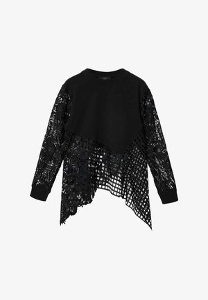 Haut noir à manches longues avec partie supérieure unie et ourlet asymétrique ainsi que manches en dentelle florale complexe et motif en grille.