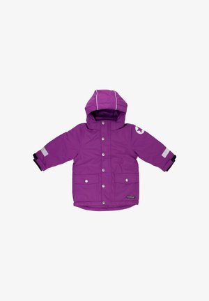 Lilla isoleret jakke med aftagelig hætte, trykknapper, to forlommer, refleksstriber på ærmerne og logo på armen.
