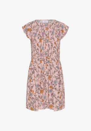 Floral dress in light pink fabric, featuring short sleeves, gathered bodice, and a waistband with multicolored floral patterns throughout.