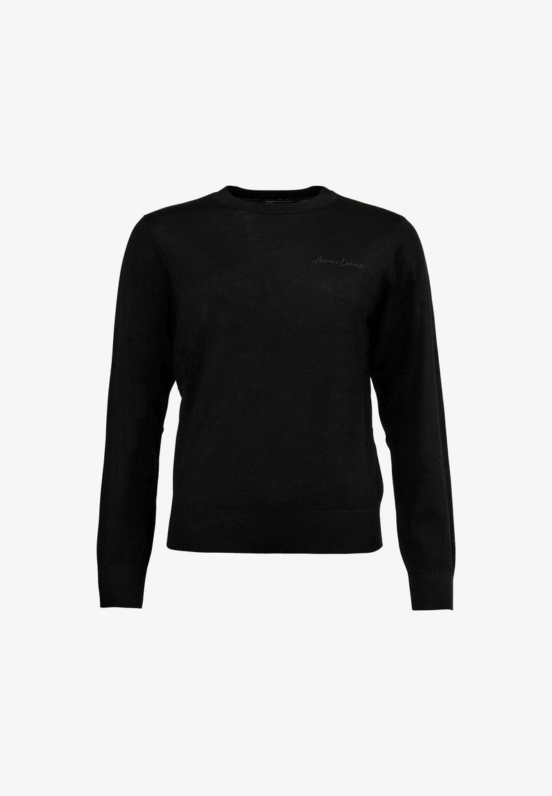 Maglione nero, materiale in maglia morbido, scollatura rotonda, maniche lunghe, orlo aderente, ricamo del marchio discreto sul petto, texture liscia.