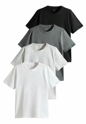 Cuatro camisetas de algodón de cuello redondo, en negro, gris oscuro, gris claro y blanco, apiladas verticalmente.