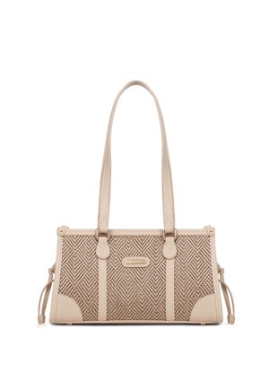 Beige en bruine rechthoekige handtas met lange hengsels, geometrisch geweven patroon, leren afwerking en zijkanten met trekkoorddetails.