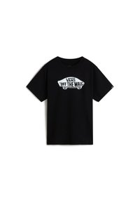 Černé bavlněné tričko s bílým grafickým logem "VANS 'OFF THE WALL'" na přední straně, krátké rukávy a design s kulatým výstřihem.