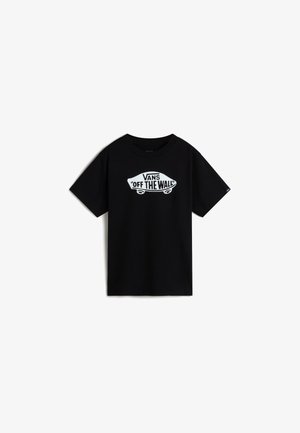 Černé bavlněné tričko s bílým grafickým logem "VANS 'OFF THE WALL'" na přední straně, krátké rukávy a design s kulatým výstřihem.