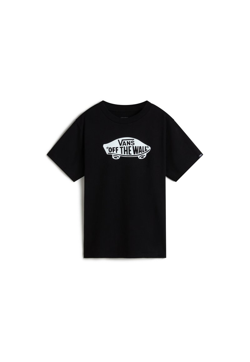 Černé bavlněné tričko s bílým grafickým logem "VANS 'OFF THE WALL'" na přední straně, krátké rukávy a design s kulatým výstřihem.