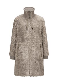 Langer beiger Kunstpelz-Mantel mit hohem geripptem Kragen, Reißverschluss vorne, Kordelzügen und seitlichen Reißverschlusstaschen.