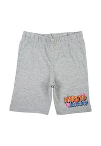 Shorts en coton gris avec une taille élastique et un motif multicolore "Naruto Shippuden" sur la jambe gauche. Longueur courte, design décontracté.