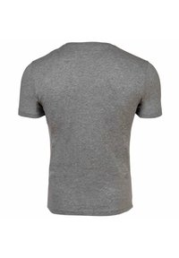 Maglietta in cotone grigia con maniche corte, colletto rotondo e texture liscia. Presenta un design semplice e uniforme senza ulteriori motivi o accenti.