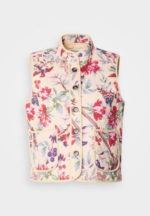 Chaleco de patrón floral en color crema, con un cuello alto, siete botones y dos bolsillos frontales, con una textura acolchada y ribetes en contraste.