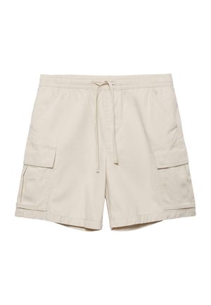 Beige cargoshorts med snøre i taljen, sidelommer med klap og skrå lommer foran, designet til afslappet brug.