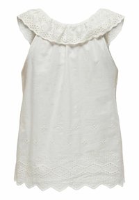 Top blanco sin mangas con un escote de puntilla con volantes, que presenta patrones florales bordados y un dobladillo con forma de ola. Tejido ligero.