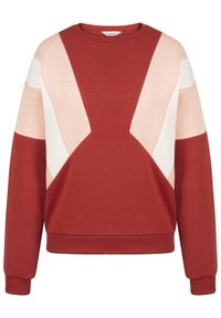 Červená mikina s geometrickým vzorem doplněným o růžové a bílé detaily, žebrované manžety a kulatý výstřih. Měkká texturka látky.