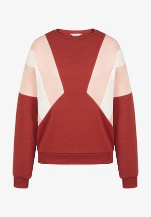 Sudadera roja con diseño geométrico en tonos rosa y blanco, puños acanalados y cuello redondo. Textura de tela suave.