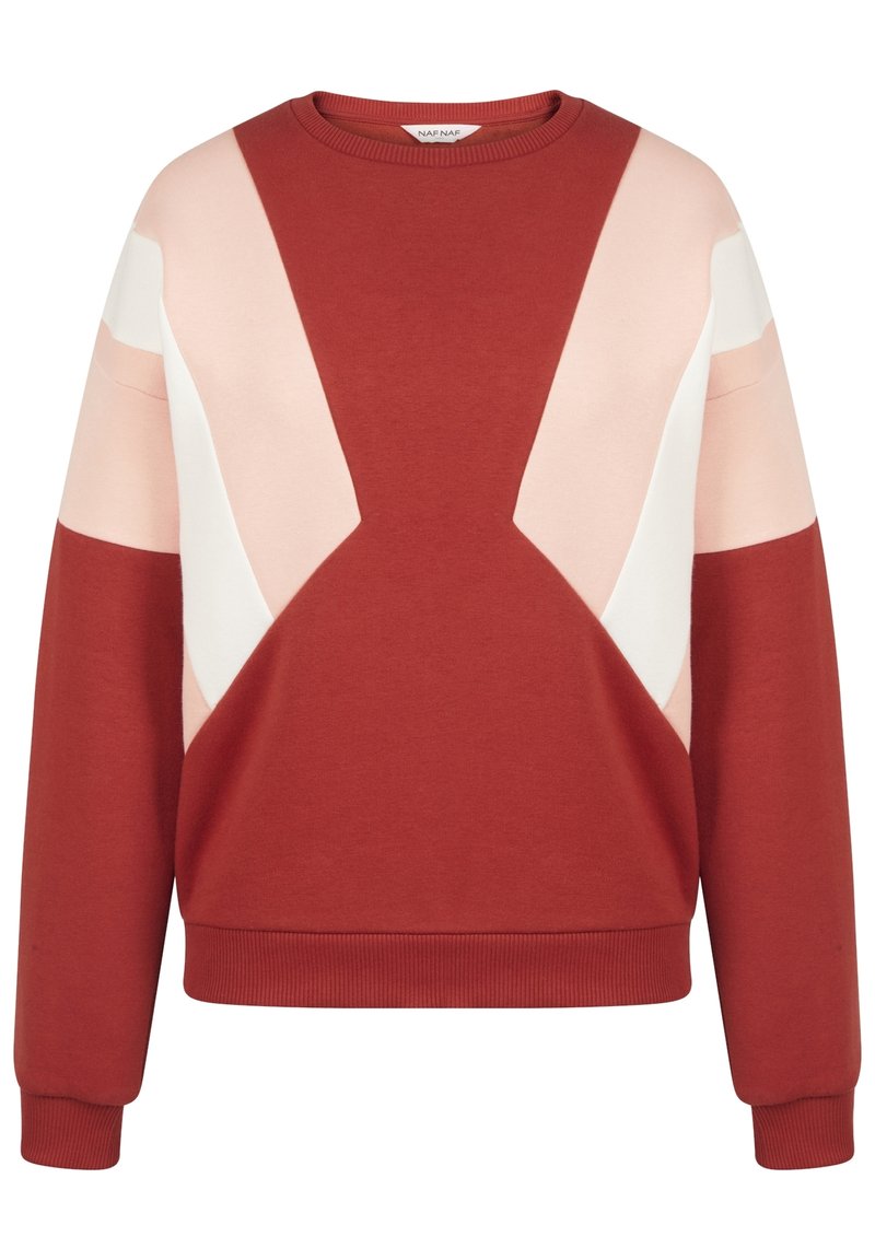 Červená mikina s geometrickým vzorem doplněným o růžové a bílé detaily, žebrované manžety a kulatý výstřih. Měkká texturka látky.