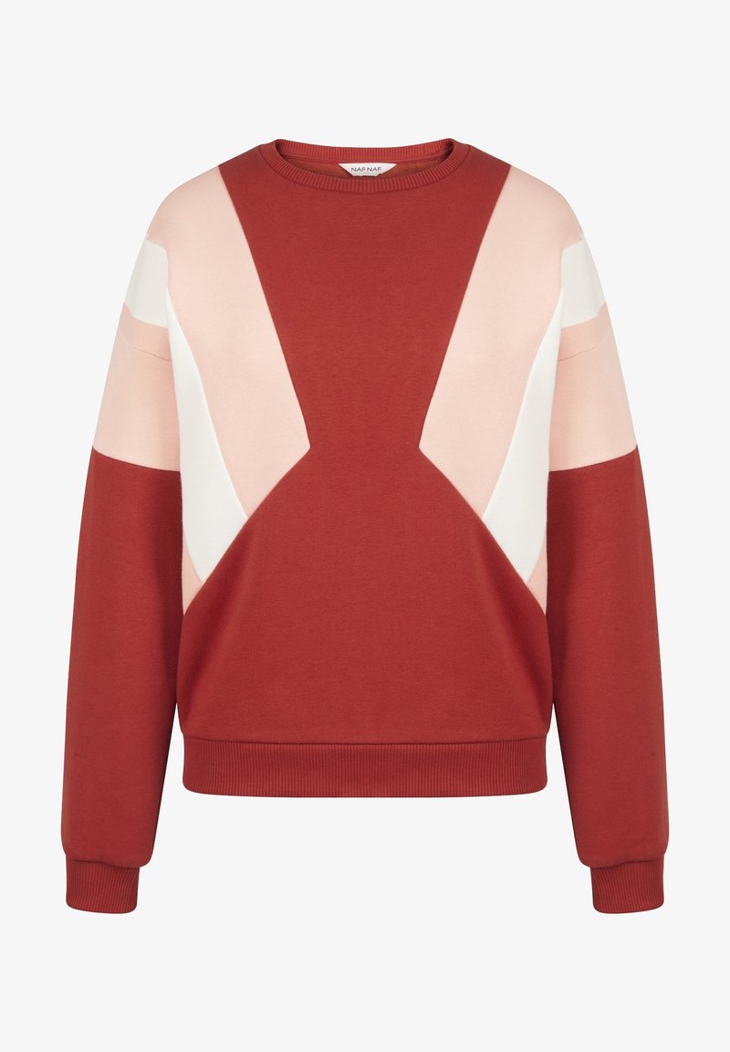 Červená mikina s geometrickým vzorem doplněným o růžové a bílé detaily, žebrované manžety a kulatý výstřih. Měkká texturka látky.