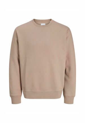 Beiger Rundhalsausschnitt-Sweatshirt mit langen Ärmeln, gerippten Bündchen und Saum, schlichtes Design, aus Baumwollstoff gefertigt.