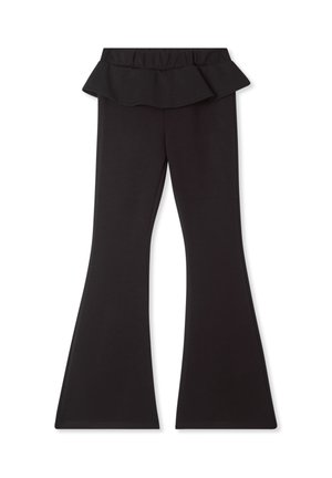 Pantaloni neri a campana con vita arricciata, realizzati in un materiale morbido ed elastico. Presentano una superficie liscia e un design che aderisce alla figura.