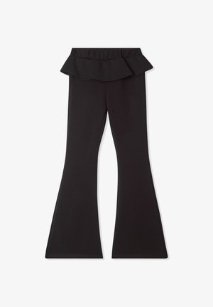 Pantaloni neri a campana con vita arricciata, realizzati in un materiale morbido ed elastico. Presentano una superficie liscia e un design che aderisce alla figura.