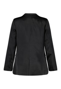 Blazer negro de manga larga con una textura suave y cuello con pico. Presenta un corte recto sin cierres visibles en la parte posterior.