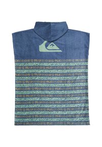 Hooded poncho in denim with a blue and green patterned lower half featuring repeating symbols. Logo on the back in light green.