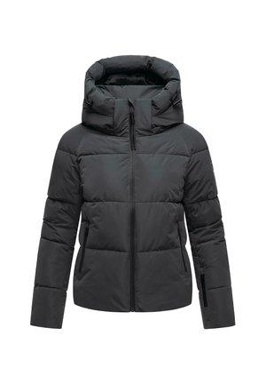 Mustika jope mustas, kõrge krae, tõmblukuga esiosas ja kahe küljetaskuga. Tekstuursed paneelid ja reguleeritav nööriga kapuuts. Veekindel materjal.