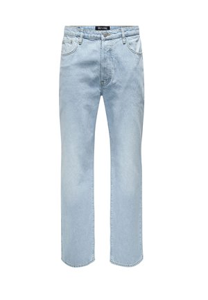 Helle blaue Denim-Jeans mit geradem Schnitt, fünf Taschen und Knopfverschluss. Der Stoff hat eine glatte Textur mit minimaler Ausbleichung.