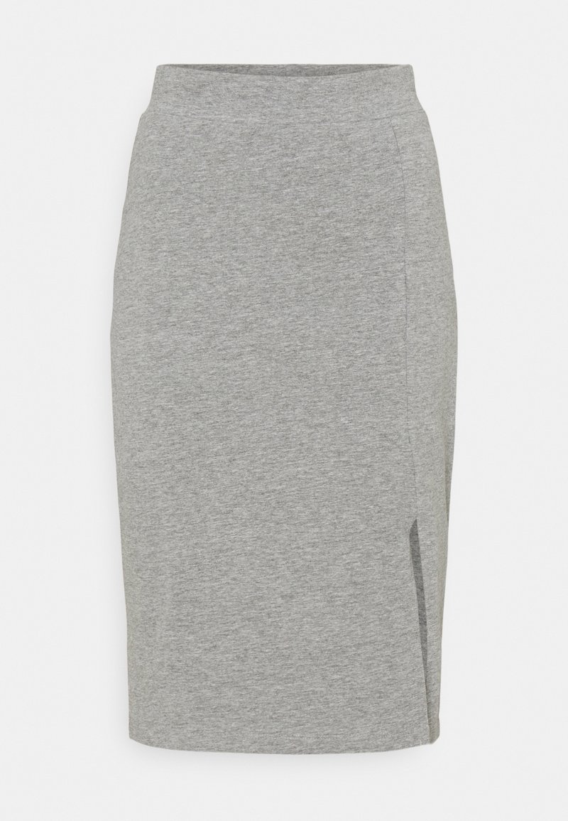 Jupe droite grise longueur genou avec une fente latérale droite et une taille ajustée, en tissu doux et texturé.